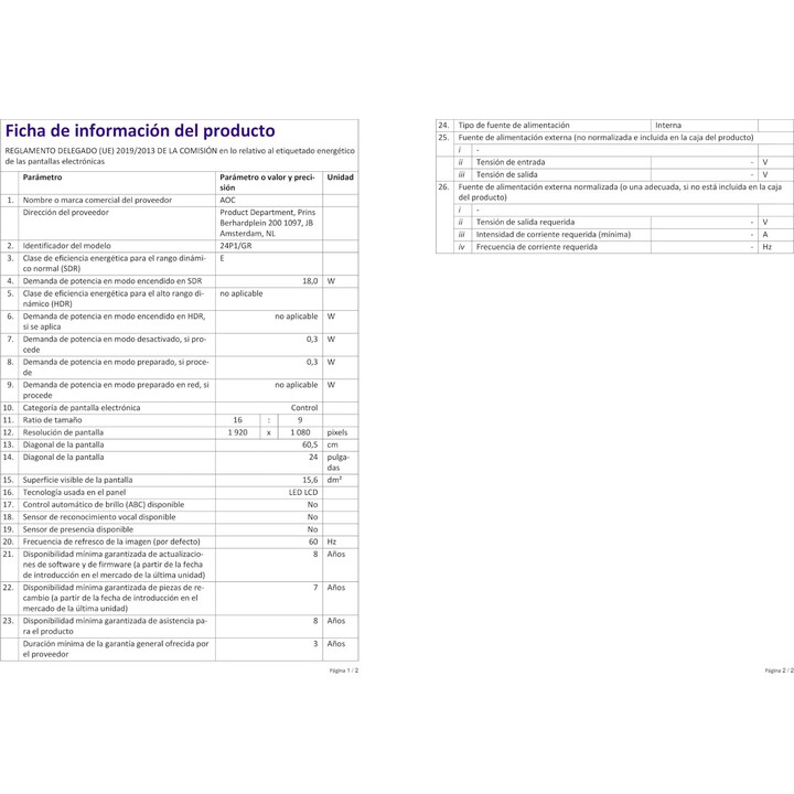 Moniteur AOC 24P1/GR 24 pouces FHD, 60 Hz, IPS, 5 ms GtG, réglable en hauteur, haut-parleurs, gris