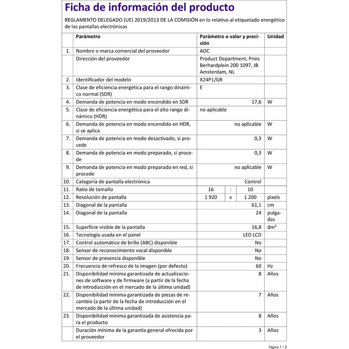 Monitor AOC Pro-line X24P1/GR 24" LED IPS WUXGA, argento