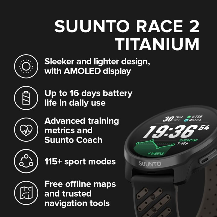 SUUNTO Race 2 GPS Sport Watch, écran tactile AMOLED de 1,5 pouce, design plus élégant et plus léger, 115+ modes sport, noir tita
