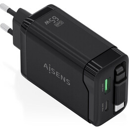 Aisens GaN-Wandladegerät ASCH-65W3P071-BK/ 1x USB Typ-C/ 1x USB/ 65W/ Schwarz
