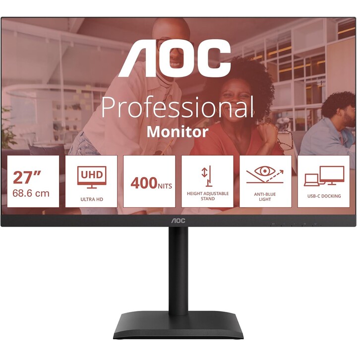 Monitor AOC U27E4CV 27 polegadas UHD, 60 Hz, IPS, 4 ms GtG, sincronização adaptativa, preto