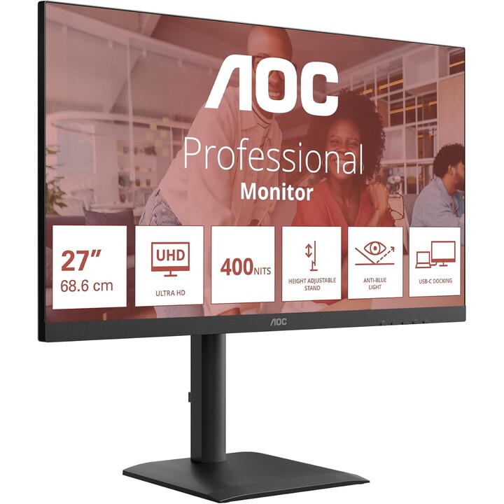 Monitor AOC U27E4CV 27 polegadas UHD, 60 Hz, IPS, 4 ms GtG, sincronização adaptativa, preto