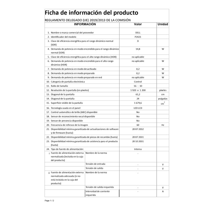 Monitor Dell P2421 (24 polegadas) 61 cm (WUXGA, IPS, 1920x1200, 60 Hz, 8ms, 16:10, HDMI, DVI, DisplayPort, VGA)