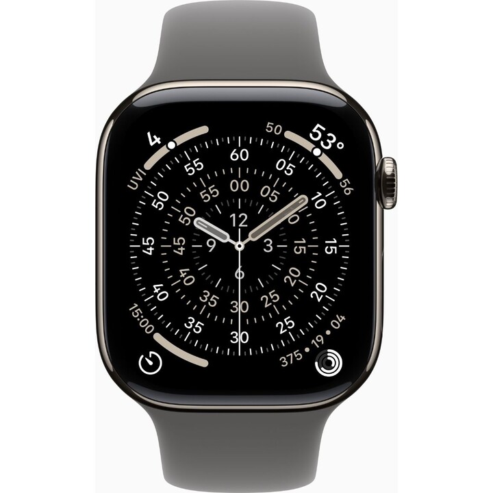 Apple Watch Series 11 GPS Cellular 46 mm Boîtier en titane naturel avec bracelet sport gris pierre M/L