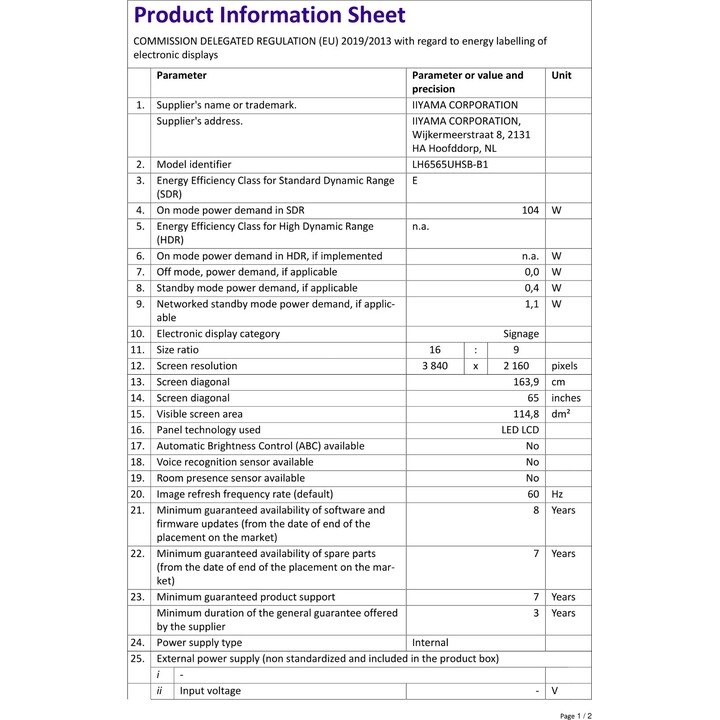iiyama LH6565UHSB-B1 (64.5") LED Wifi 800 cd/m² 4K Ultra HD Display di segnalazione Nero
