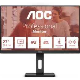 Monitor AOC U27E3UF 27\" UHD, WLED, 60 Hz, IPS, 4 ms GtG, sincronização adaptativa, luz azul baixa TUV, alto-falantes, altura aj