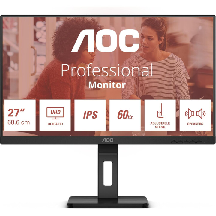AOC U27E3UF Monitor 27" UHD, WLED, 60Hz, IPS, 4 ms GtG, Adaptive Sync., TUV Low Blue Light, Altavoces, Altura Ajustable
