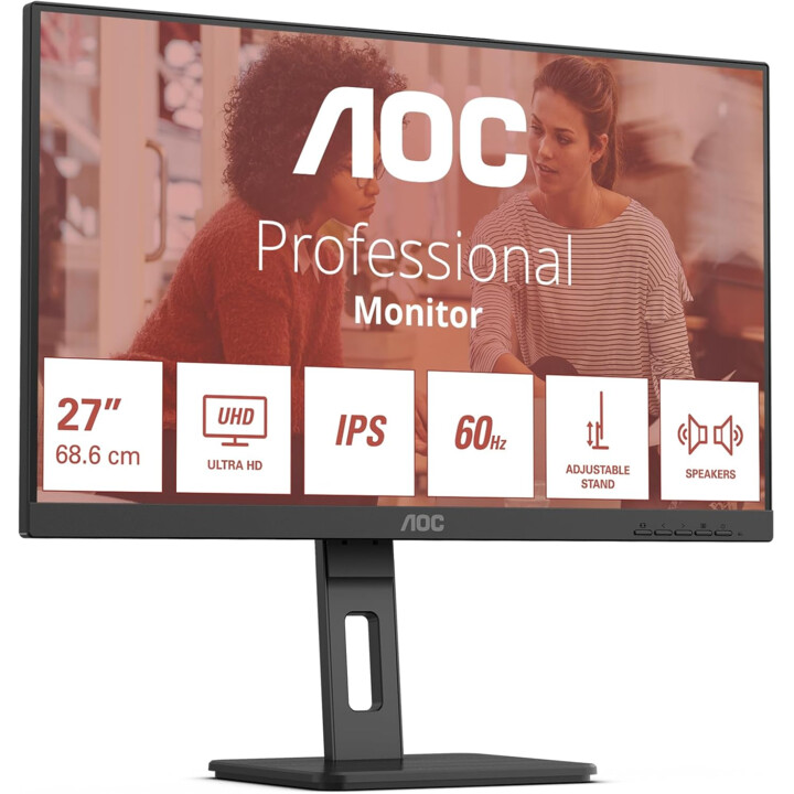 AOC U27E3UF Monitor 27" UHD, WLED, 60Hz, IPS, 4 ms GtG, Adaptive Sync., TUV Low Blue Light, Altavoces, Altura Ajustable