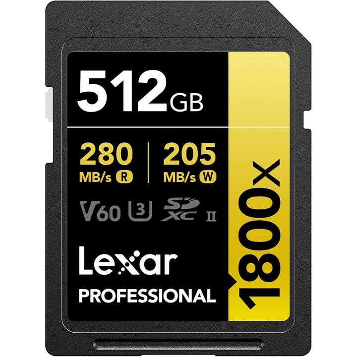 Tarjeta de memoria SD profesional Lexar de 512 GB 1800x SDXC 270 MB/s UHS-II Gold