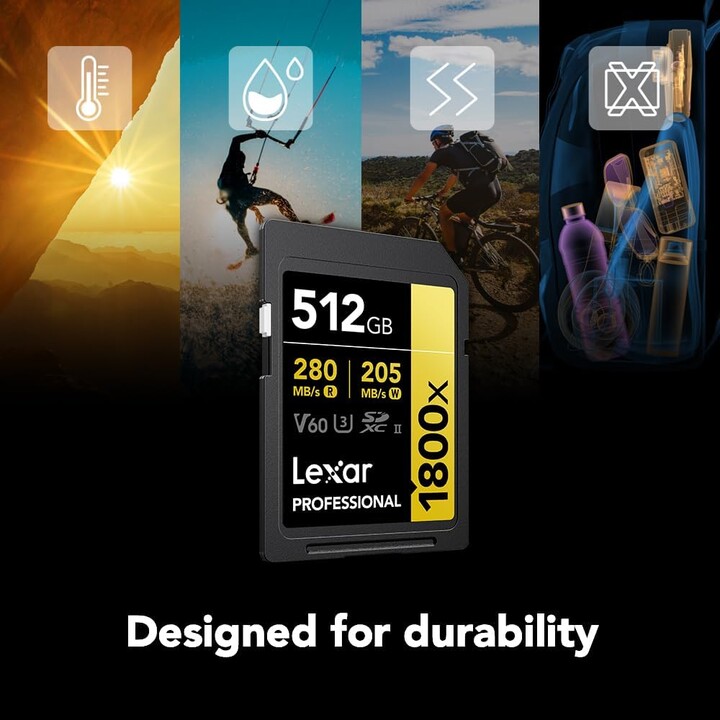 Tarjeta de memoria SD profesional Lexar de 512 GB 1800x SDXC 270 MB/s UHS-II Gold