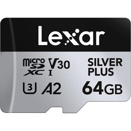 Lexar 64GB Silver Plus Micro SD-Karte, mit Adapter, bis zu 205MB/s, A2, U3, Klasse 10, V30, Full HD und 4K