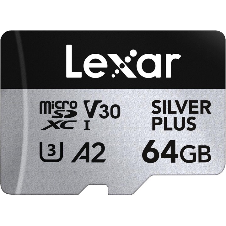 Scheda Micro SD Lexar Silver Plus da 64 GB, con adattatore, fino a 205 MB/s, A2, U3, Classe 10, V30, Full HD e 4K