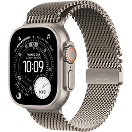 Apple Watch Ultra 3 GPS Cellular 49 mm Gehäuse aus natürlichem Titan mit Milanese-Loop-Armband – Größe S