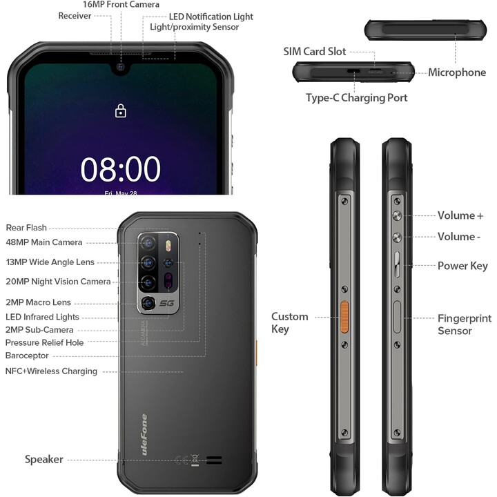 Ulefone Armor 11T 5G, 8 GB 256 GB, 6,1 LCD HD+, 5200 mAh, Dual Sim, Schwarz