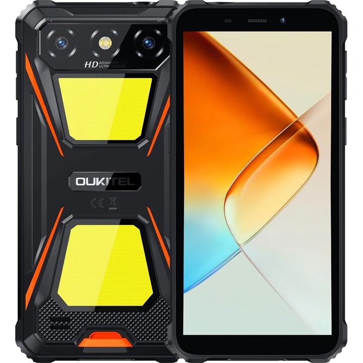 Oukitel G5, 4+12GB RAM, 64GB/TF 1TB, doppia luce da campeggio 900LM, 6 display, 6300mAh, 13MP, doppia SIM, arancione