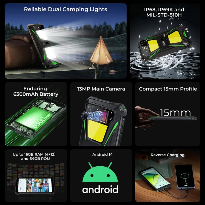 Oukitel G5, 4+12GB RAM, 64GB/TF 1TB, doppia luce da campeggio 900LM, 6 display, 6300mAh, 13MP, doppia SIM, arancione