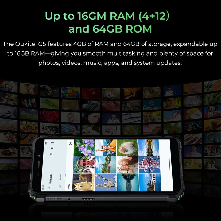 Oukitel G5, 4+12GB RAM, 64GB/TF 1TB, doppia luce da campeggio 900LM, 6 display, 6300mAh, 13MP, doppia SIM, arancione
