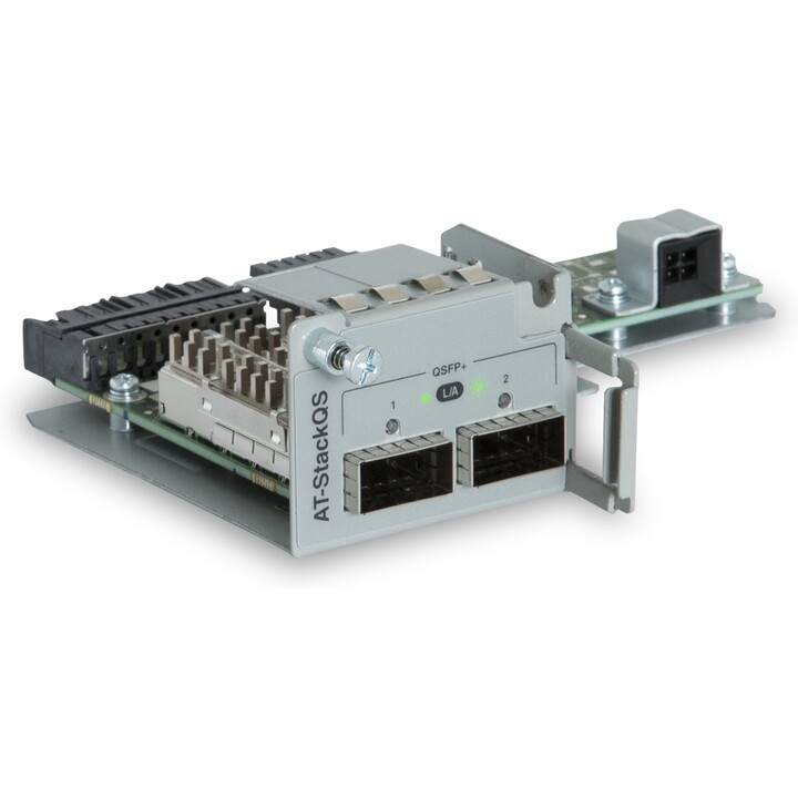 Allied Telesis AT-STACKQS 40G/100G QSFP+ Stack Module, supporte l'empilage jusqu'à 80Gbps par lien.