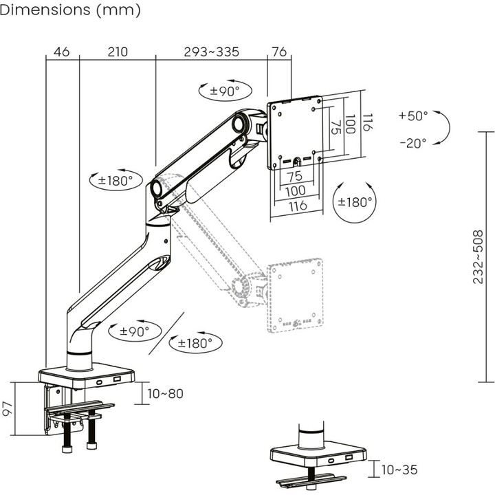 Digitus Soporte para un monitor, 49", 20 kg Muelle mecánico, VESA: 75x75, 100x100, negro
