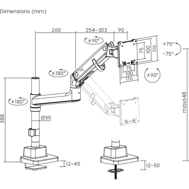 Support pour écran 57", 27 kg, ressort à gaz, VESA: 75x75, 100x100, blanc