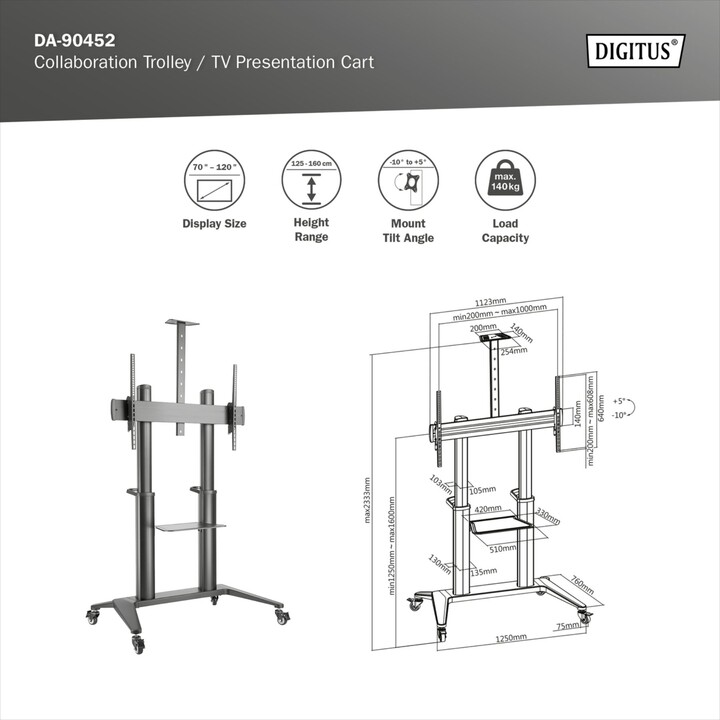 Digitus TV Trolley, 70-120", 140 kg max., black