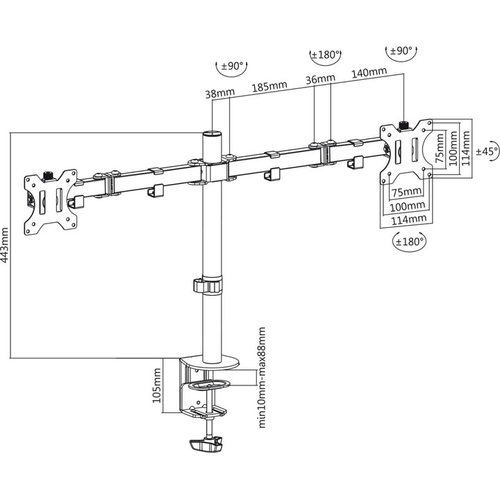 Support double écran Maclean MC-884, 17 à 32", pivotant, inclinable, hauteur réglable