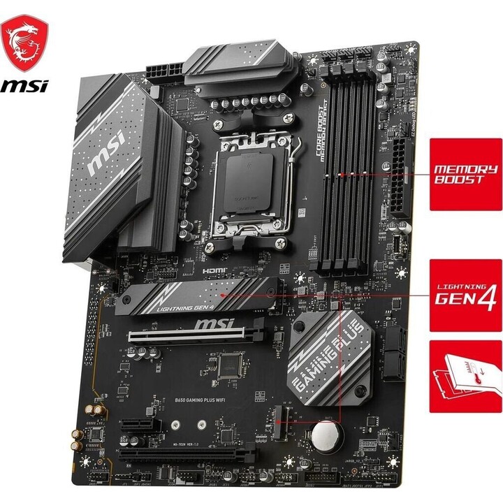 Placa Mãe MSI B650 Gaming Plus Wifi, AMD, AM5, B650, 4DDR5, 192GB, HDMI+DP, 4SATA3+2M.2, 2.5GBE+Wifi6e+BT5.3, 11USB3.2, ATX Pret