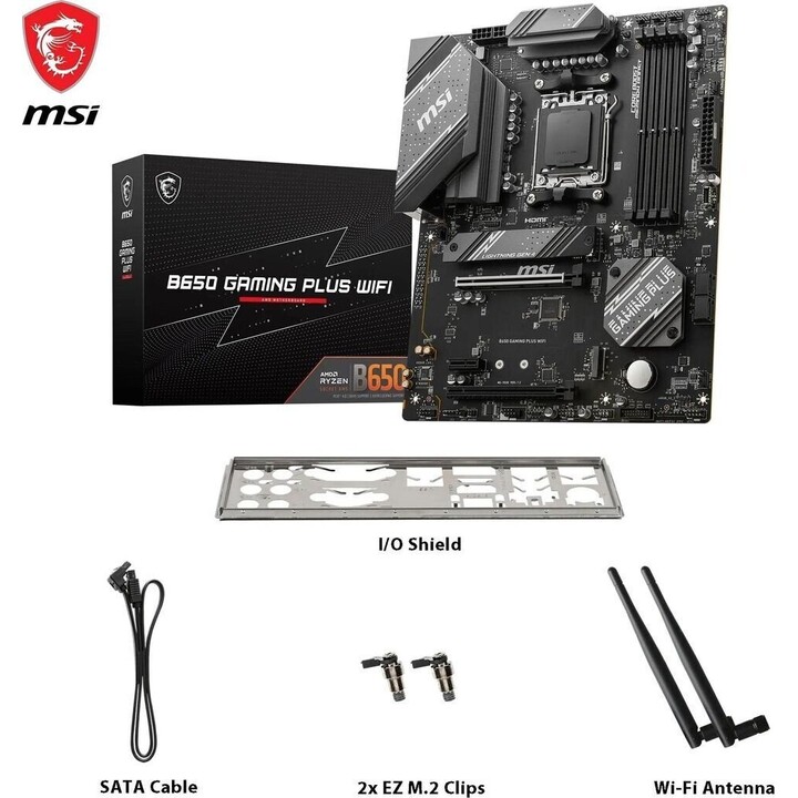 MSI B650 Gaming Plus Wifi Motherboard, AMD, AM5, B650, 4DDR5, 192GB, HDMI+DP, 4SATA3+2M.2, 2.5GBE+Wifi6e+BT5.3, 11USB3.2, ATX Bl