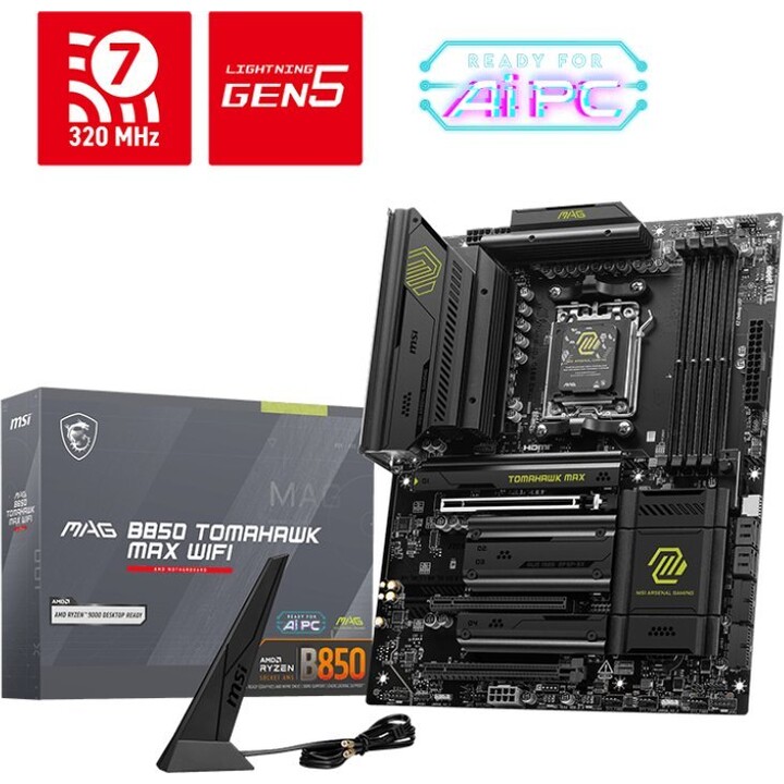 MSI MAG B850 Tomahawk Wifi Mainboard, AMD, AM5, B850, 4 DDR5, 256 GB, 1 HDMI, 4 SATA 3 + 2 M.2, 5 GB LAN + WLAN 7 + Bluetooth 5.