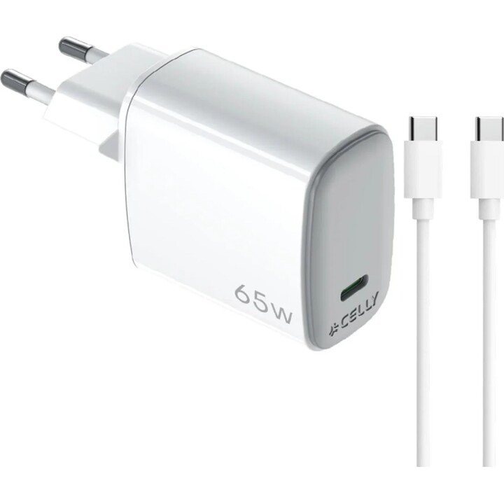 Caricatore da muro GaN Celly UPTC1USBC65WCTC 65 W + cavo da USB-C a USB-C