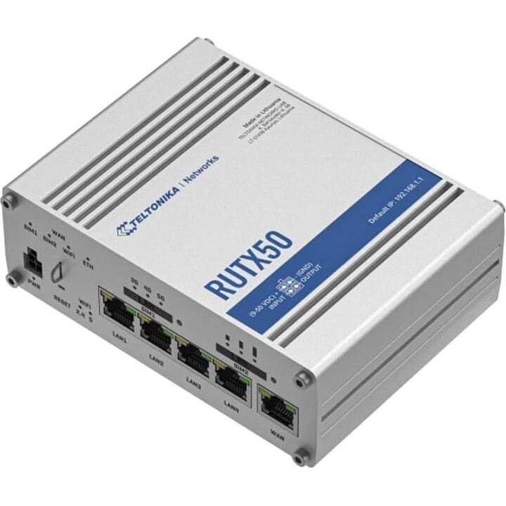 Teltonika RUTX50: router industriale 5G, 3,3Gbps Dual SIM, 5x Gigabit Ethernet, Dual-Band WiFi 5, GNSS, Auto-Failover