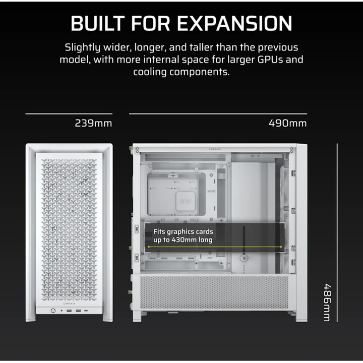 Corsair 4000D Airflow PC Tower, ATX/EATX bianco, vetro temperato, 3 USB-C da 120 mm, senza alimentatore