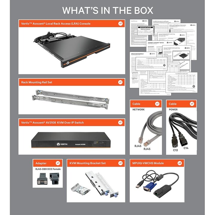 Vertiv LRA185KMM8D-001 1U Rackmount LCD 18.5" KVM Console, 8-Port Switch, USB Keyboard/Touchpad, VGA Video