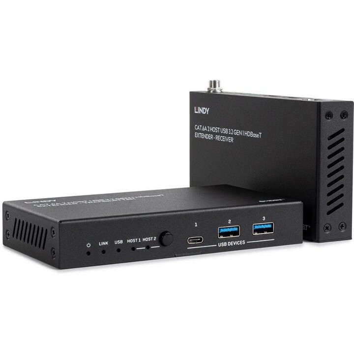 Lindy 43421: 100m Cat.6A 2-Host USB 3.2 Gen1 HDBaseT Extender Kit, 5Gbps USB Verlängerung (Typ-B/C Eingänge), PoE