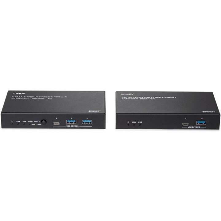 Lindy 43421: 100m Cat.6A 2-Host USB 3.2 Gen1 HDBaseT Extender Kit, 5Gbps USB Verlängerung (Typ-B/C Eingänge), PoE