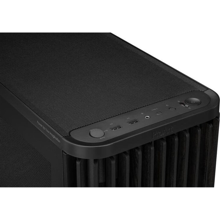 ASUS ProArt PA401 ATX case with mesh panel, wood finish, USB-C port