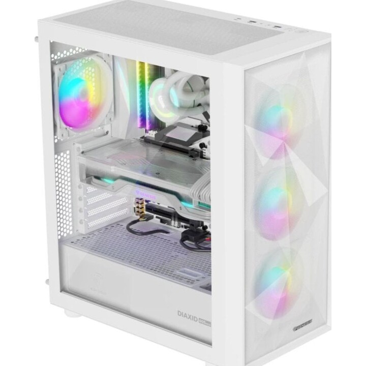 Torre de PC GENESIS Diaxid 605 ARGB blanca con vidrio templado, ATX y 4 ventiladores RGB