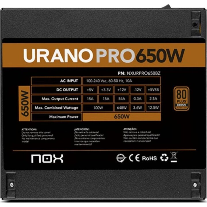 Alimentation NOX 650 W, certifiée 80 PLUS Bronze, Urano PRO, ventilateur 120 mm
