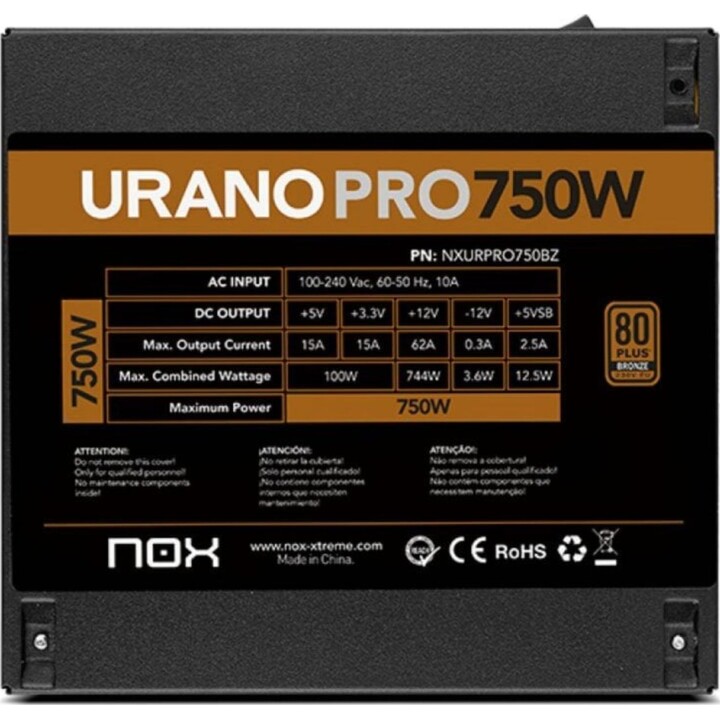 Alimentation Nox 750 W, certification 80 PLUS Bronze, Urano PRO, extras, câble extra-long