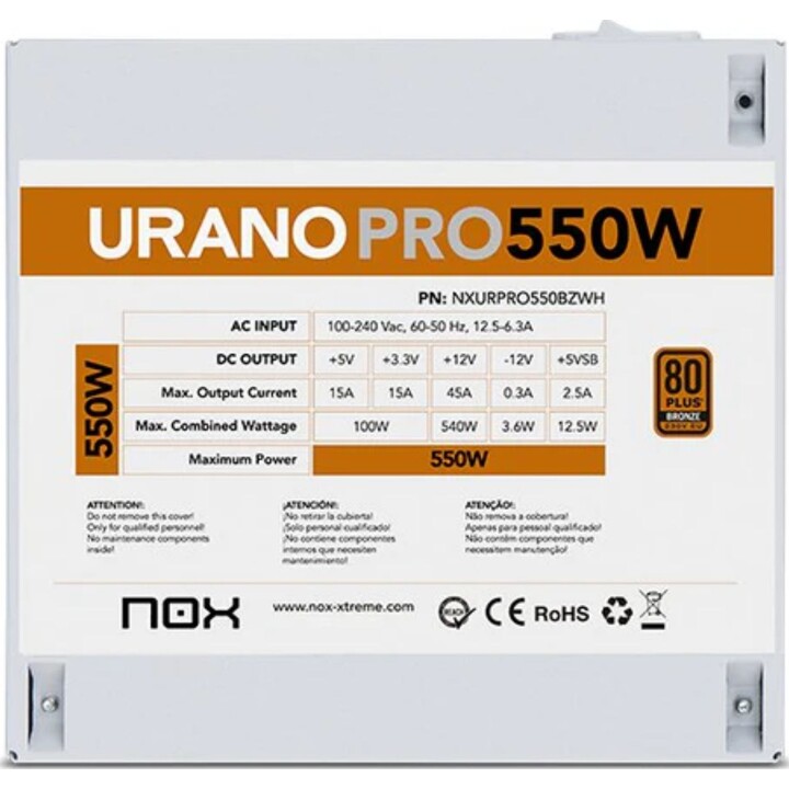 Fonte de alimentação Nox Urano Pro 550W 80 Plus Bronze Branco
