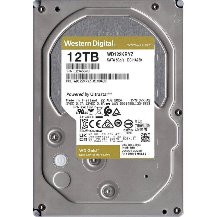 Western Digital Gold WD122KRYZ Internal Hard Drive 12 TB 7200 RPM 512 MB 3.5" Serial ATA III