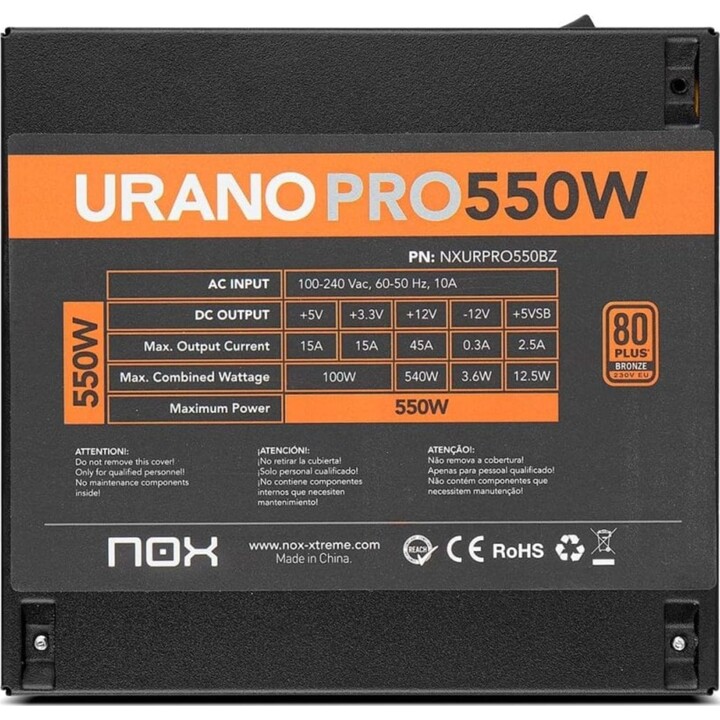Nox Extreme Urano Pro 550W 80 Plus Bronze Power Supply with Active PFC