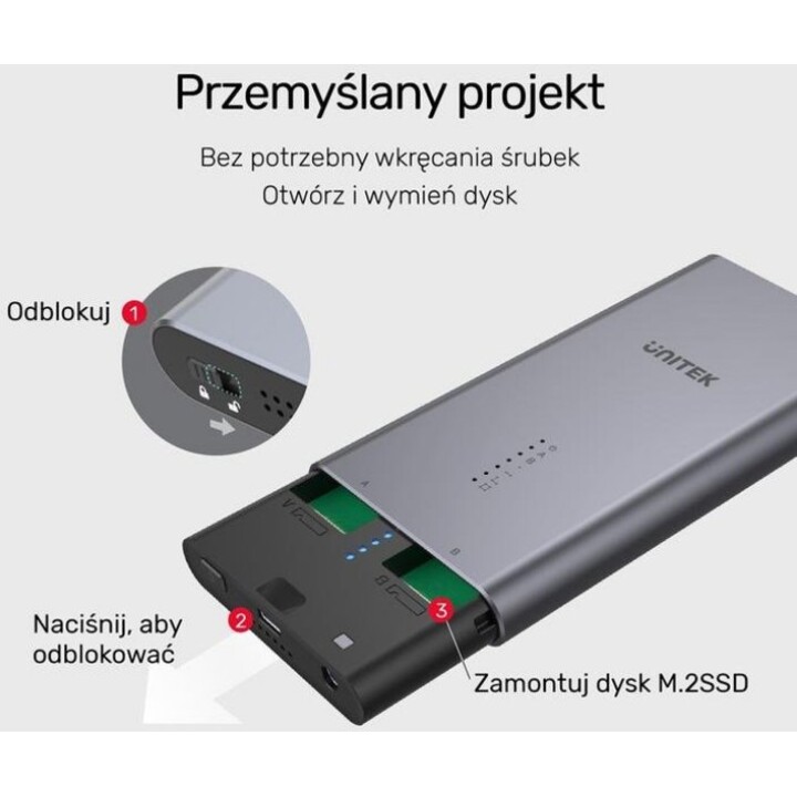 Carcasa Unitek S1206A SSD 2x M.2 PCIe/NVMe 20 Gbps Clon Gris