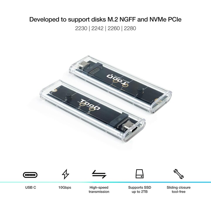 Externes Gehäuse für M.2 NVMe SSD TooQ TQE-2200/ USB 3.2/ Schraubenlos, Transparent, RGB