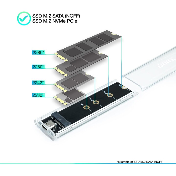 Externes Gehäuse für M.2 NVMe SSD TooQ TQE-2200/ USB 3.2/ Schraubenlos, Transparent, RGB