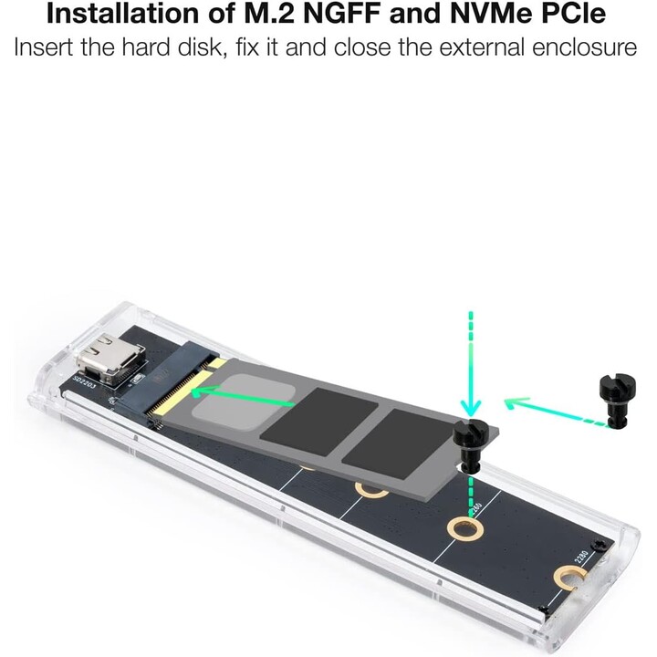 Externes Gehäuse für M.2 NVMe SSD TooQ TQE-2200/ USB 3.2/ Schraubenlos, Transparent, RGB