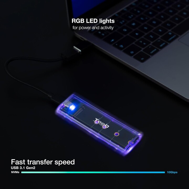 Externes Gehäuse für M.2 NVMe SSD TooQ TQE-2200/ USB 3.2/ Schraubenlos, Transparent, RGB