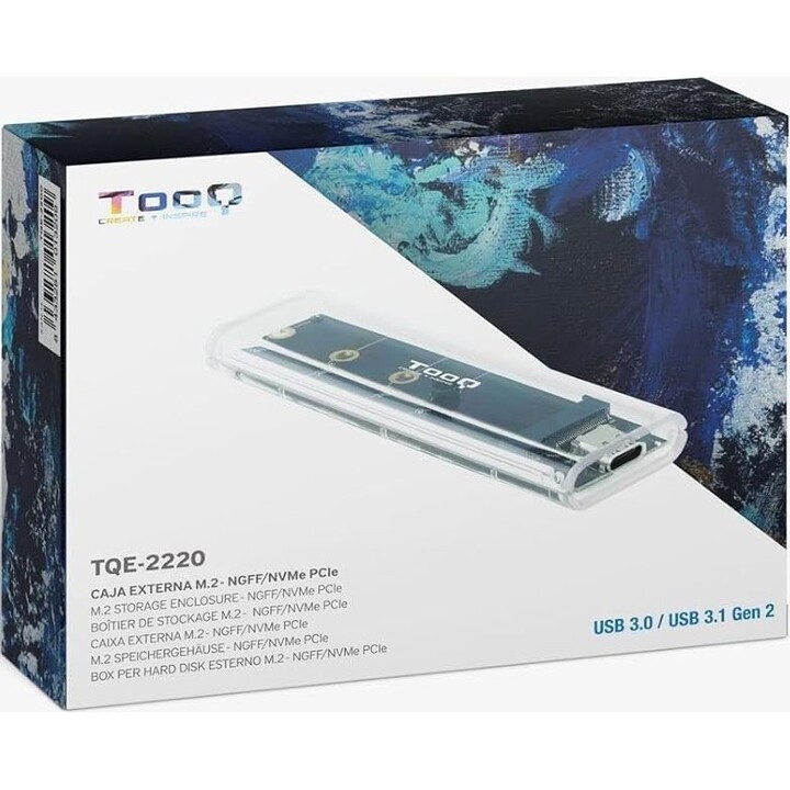 Externes Gehäuse für M.2 NVMe SSD TooQ TQE-2200/ USB 3.2/ Schraubenlos, Transparent, RGB