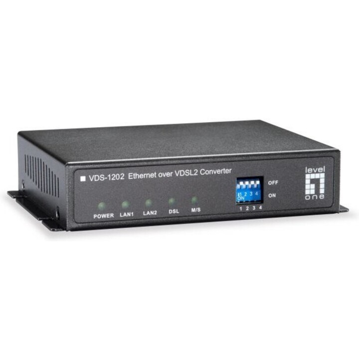 LevelOne VDS-1202, Ethernet over VDSL2 Converter Annex B, 100Mbps Symmetric, 2km Range, DIP Switch Config, RJ45 to RJ11