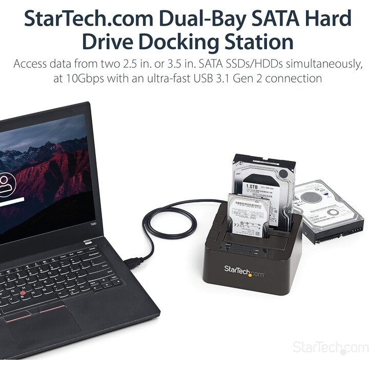 StarTech USB 3.1 to SATA Dual Bay Docking Station, USB 3.1 (10 Gbps), SATA I/II/III externo de 2,5/3,5", SSD/HDD, bahía de disco